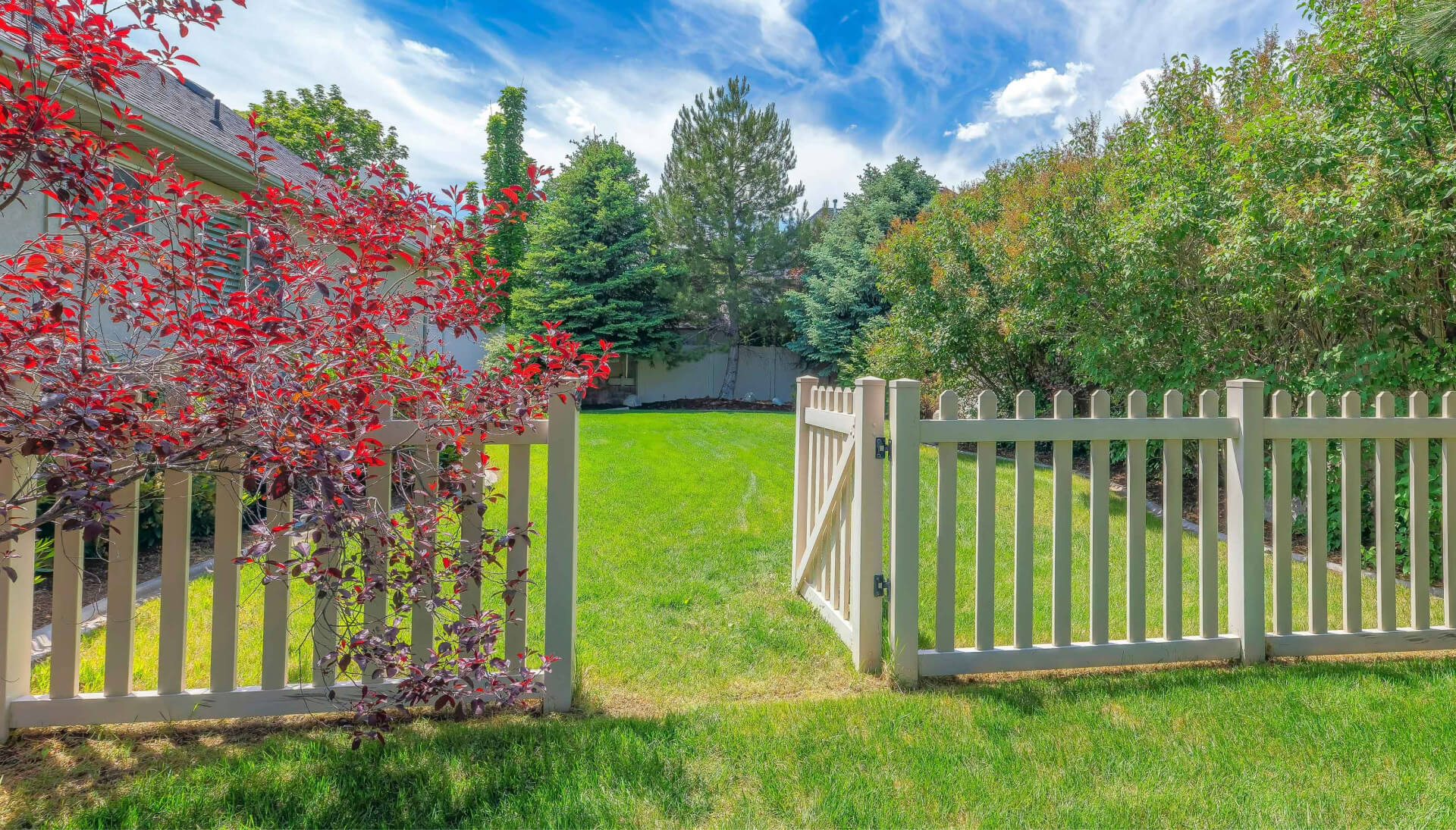 A functional fence gate providing access to a well-maintained backyard, surrounded by a wooden fence in Detroit